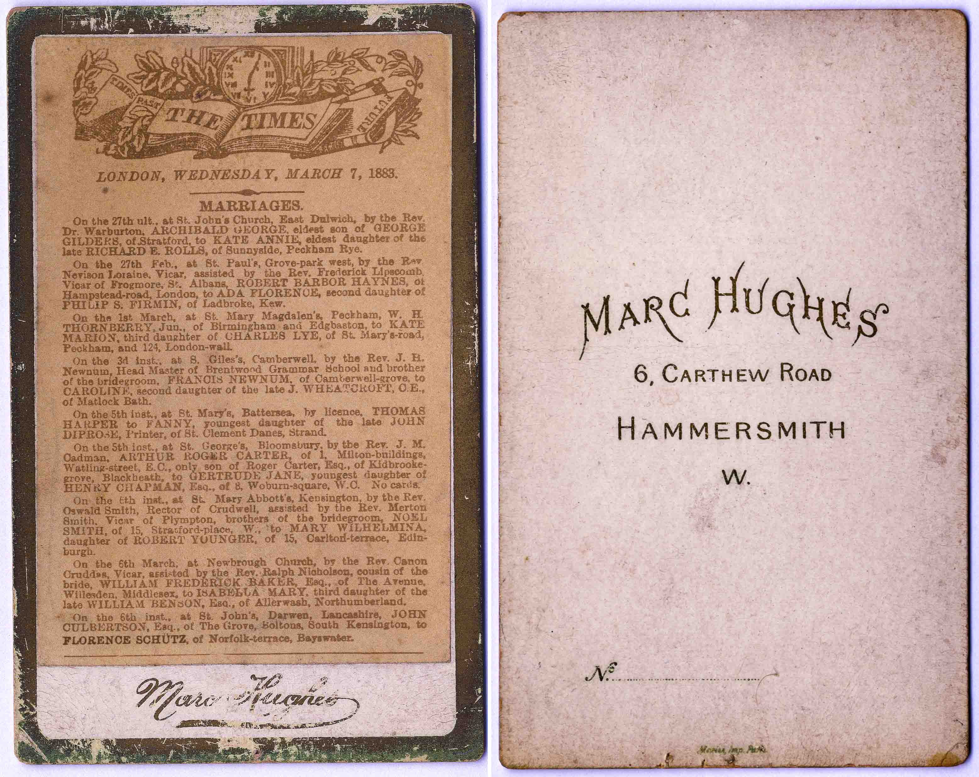  March 7 1883 Marriage announcement in The Times - John Culbertson to Florence Schütz 