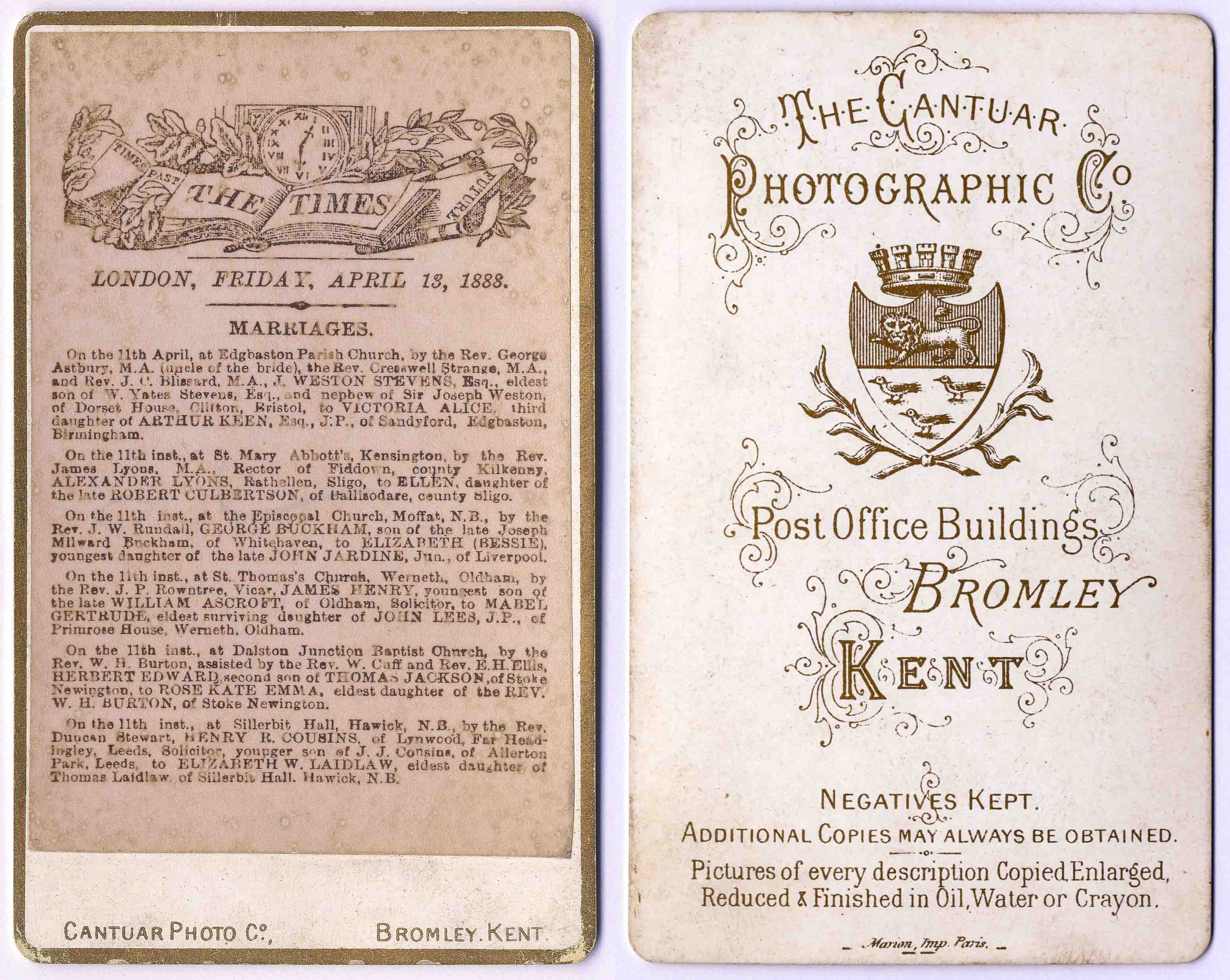  April 13 1888 Marriage announcement in The Times - Alexander Lyons to Ellen Culbertson - daughter of Robert Culbertson 