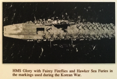 Aerial view of HMS Glory with Fairey Fireflies and Hawker Sea Furies on deck 