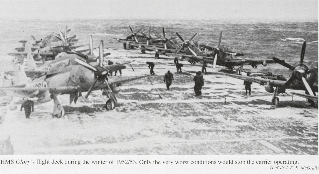  Fieflies on deck of HMS Glory in Korean winter weather 