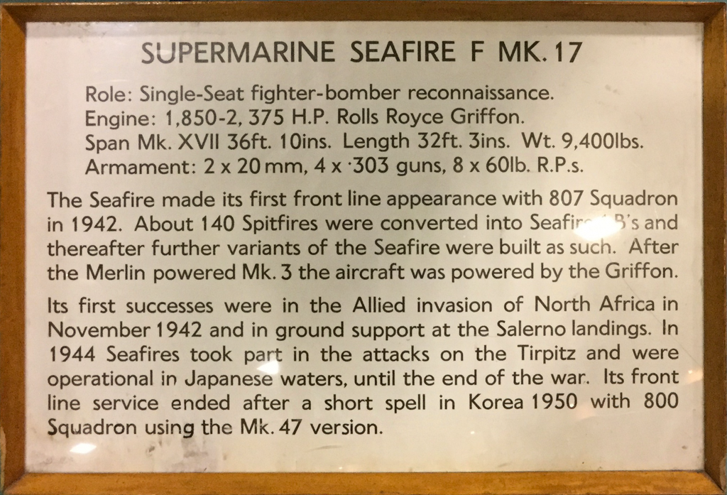  Descriptive plaque of Supermarine Seafire F Mk 17 at Fleet Air Arm Museum, Yeovilton, Somerset 