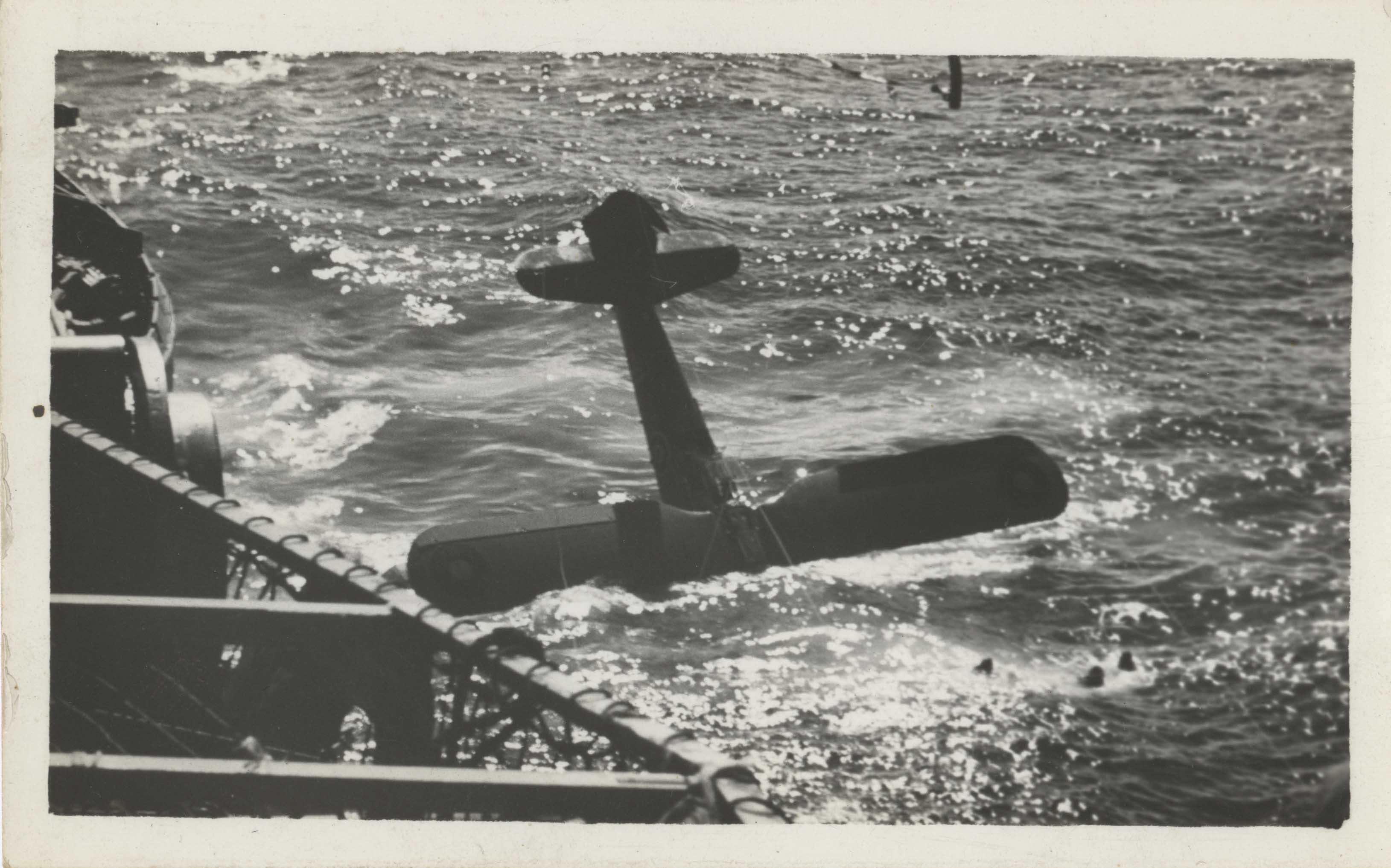  1944 - Swordfish crashing into sea shortly after take off from aircraft carrier. Crew of 3 in the sea. 3 of 3 